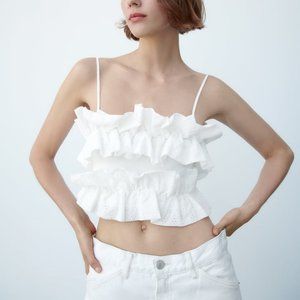 Zara White Ruffled Crop Top